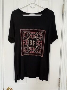 Cortelle Black Short-Sleeve Tunic Tee with Pink Embroidered Medallion